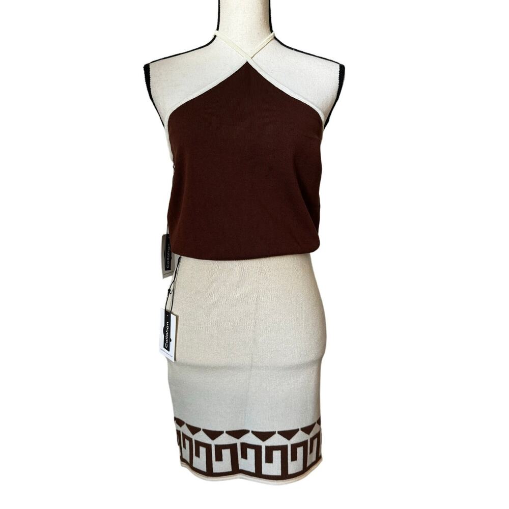 NWT Callahan Knitwear Womens Cream Brown Halterneck Crop Top Skirt Set Size S
